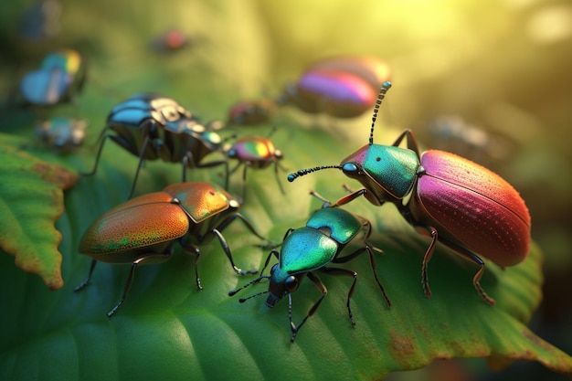 A detailed illustration of a group of insects such as butterflies or beetles in a vibrant and colo