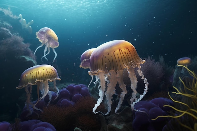 A detailed illustration of a group of sea creatures such as jellyfish or octopus in a deep and mys