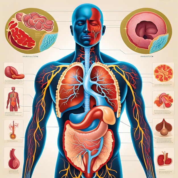 Detailed Illustration of Human Male Body with Inflamed Internal Organs