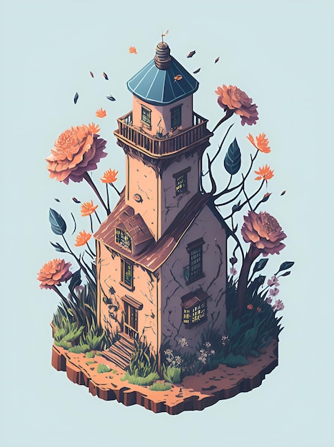 A detailed illustration of an isometric vintage rustic lighthouse flower splash digital painting