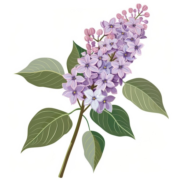 Photo detailed illustration of a lilac branch with purple flowers and green leaves showcasing botanical beauty and natural elegance