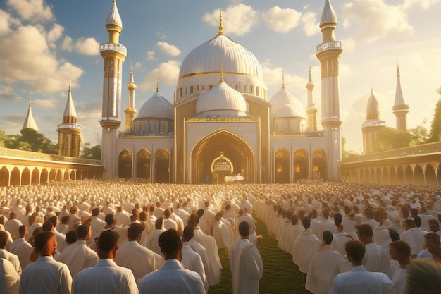 A detailed illustration of a mosque overflowing with worshippers attending Eid al Adha prayers