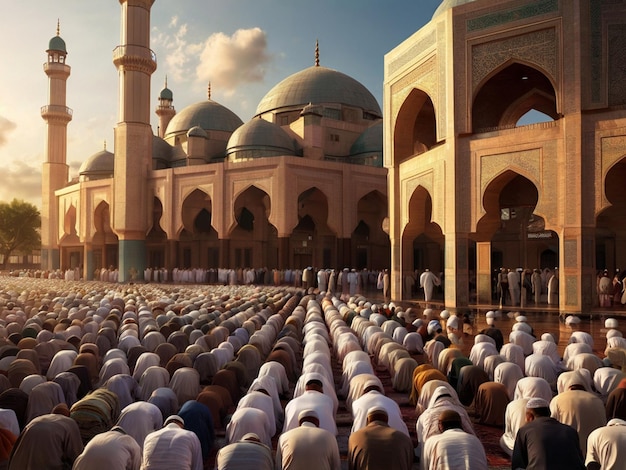 A detailed illustration of a mosque overflowing with worshippers attending Eid alAdha prayers