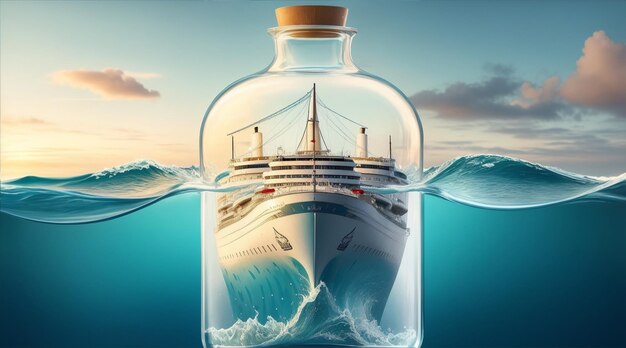 A detailed illustration of an ocean liner in a bottle Generative AI