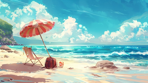 Detailed illustration of a picturesque beach setup with a cheerful beach umbrella shading a comfortable chair a beach bag and a beach ball set on a sandy shore with a calm sea wispy clouds and