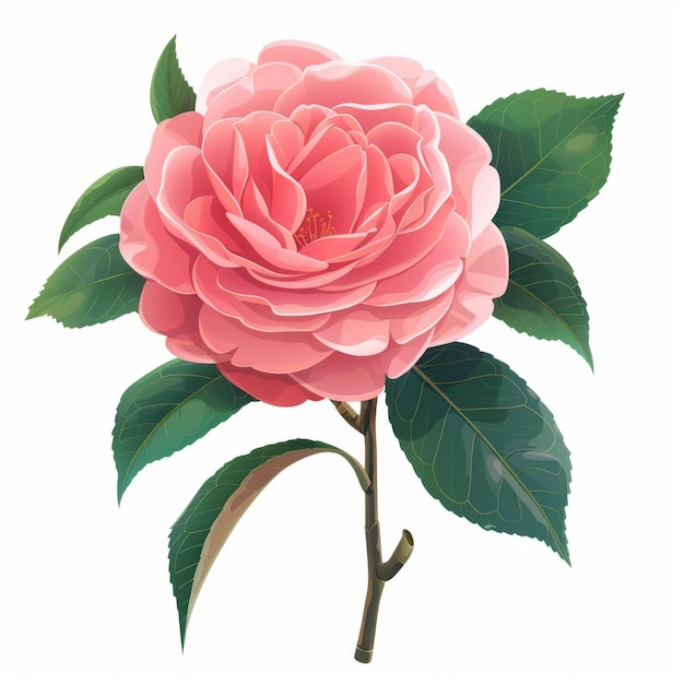 Detailed illustration of a pink camellia flower with dark green leaves on a white background