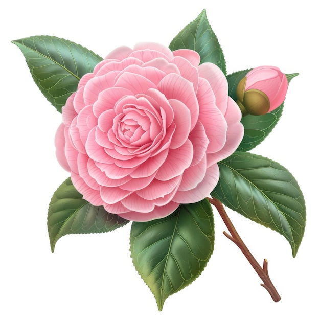 Photo detailed illustration of a pink camellia flower with lush green leaves highlighting its delicate petals and natural beauty