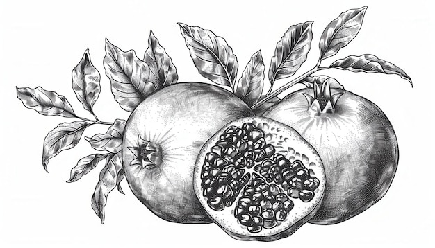 Photo detailed illustration of pomegranates with leaves on a white background