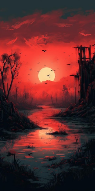 Detailed Illustration Of Postapocalyptic Swamp With Red Sun