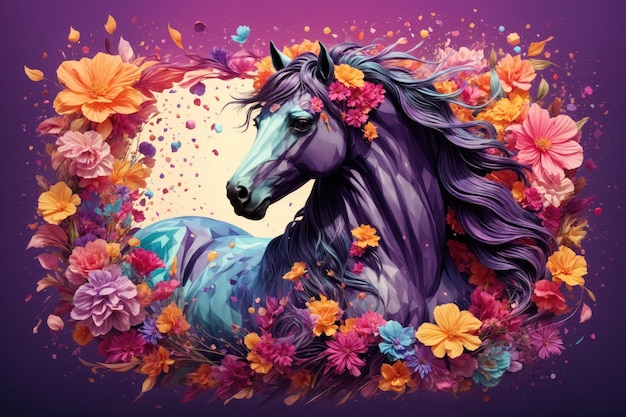 A detailed illustration of a print of a black horse with flowers ai generative