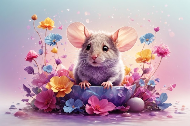 A detailed illustration of a print of a colorful baby mouse with flowers ai generative