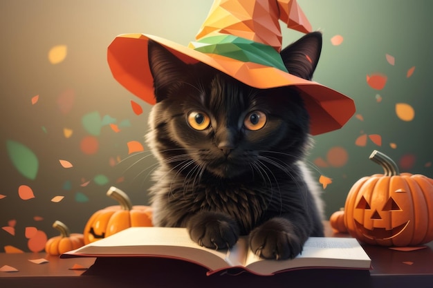 A detailed illustration of a print of a colorful cute black cat rides a broom has orange eyes and it wear witch hat and hold a book and peen next to a cute Halloween Pumpkin