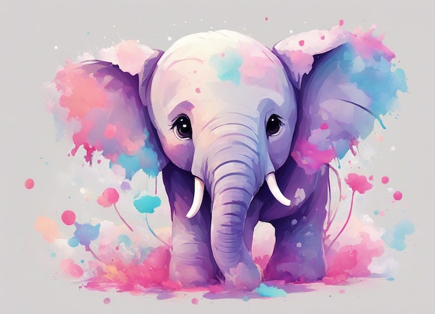 A detailed illustration of a print of a cute colorful baby elephant fantasy flower splashes