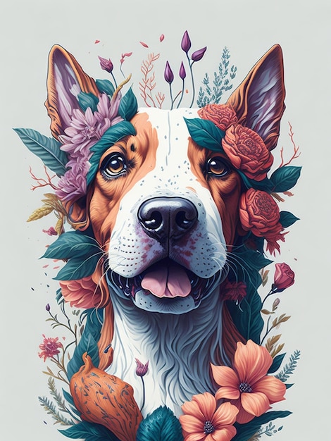 A detailed illustration a print of vintage dog head flowers splash