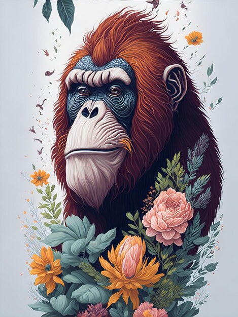 A detailed illustration a print of vintage orangutan head