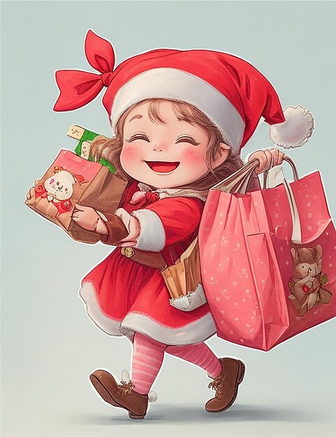 A detailed illustration of a Santa helper girl her cheeks rosy with excitement