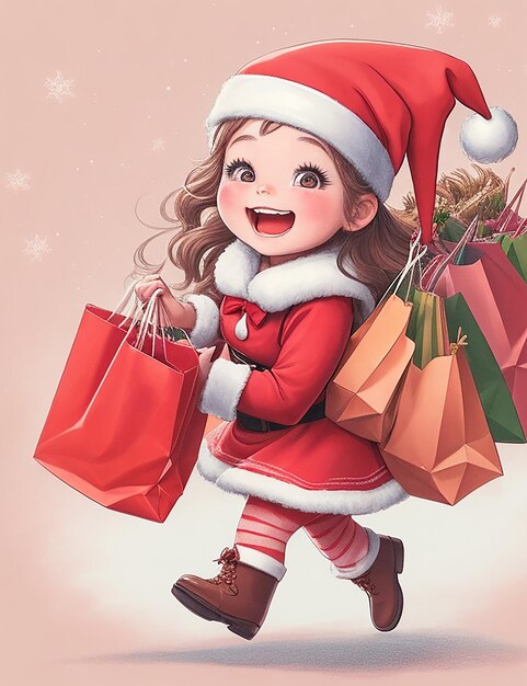 A detailed illustration of a Santa helper girl her cheeks rosy with excitement