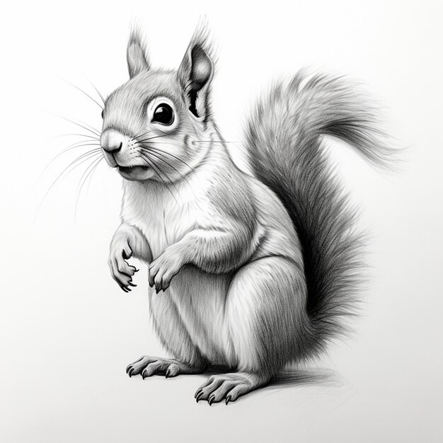 Photo a detailed illustration of a squirrel showcasing its fluffy tail and expressive features in a charming monochrome style