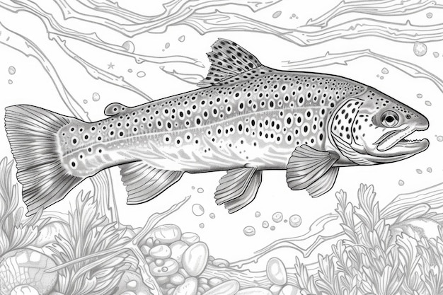 Detailed illustration of a trout in a river habitat