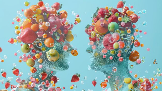 Photo detailed illustration of two human figures composed of colorful produce