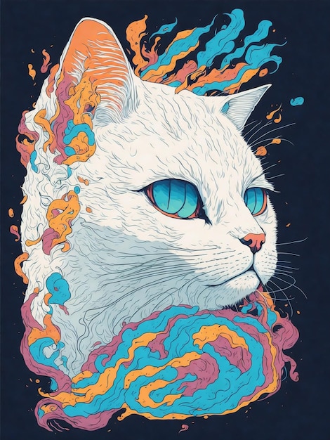 A detailed illustration of a white cat head style cartoon