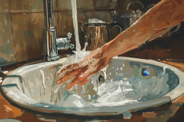 Detailed illustration of womans hands scrubbing dishes in welllit kitchen sink