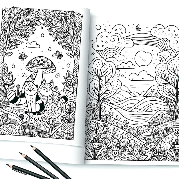 Photo detailed illustrations and playful characters in a child coloring book