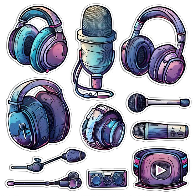 Photo detailed illustrations of various audio equipment and devices