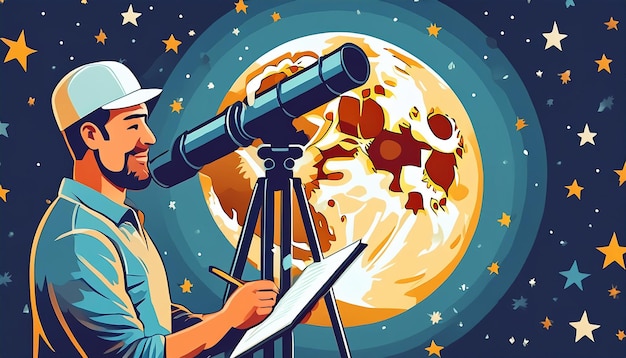 A detailed image of an astronomer making notes while observing the moon through a telescope