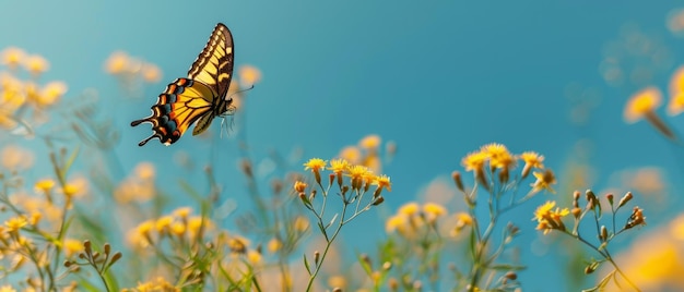 A detailed image of a butterfly in flight over a wildflower with blue skies