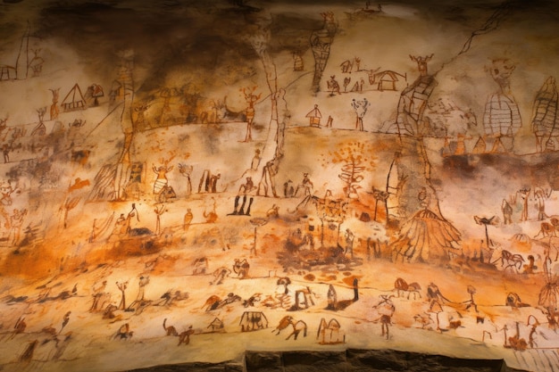 Detailed image of cave paintings resembling a primitive map created with generative ai