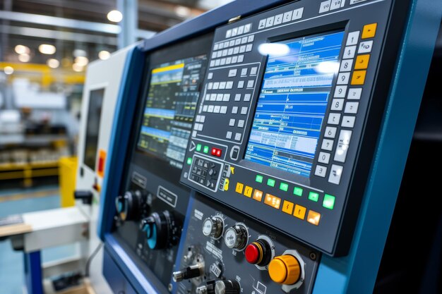 Photo detailed image of a cnc machines control panel amidst the busy environment of an industrial