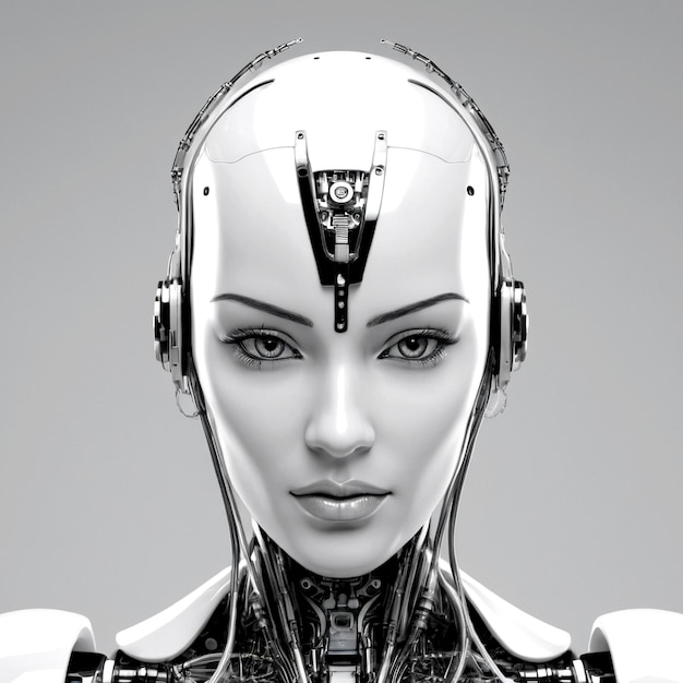 A detailed image of a female androids face captured up close