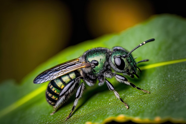 Detailed image of a female Osmia spinulosa solitary bee against a background of green leaves