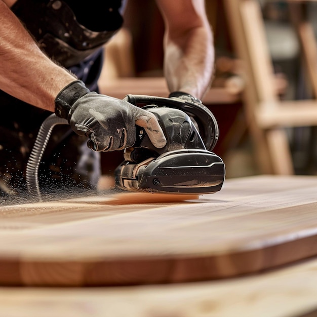 Photo a detailed image of a finishing sander smoothing a surface before painting