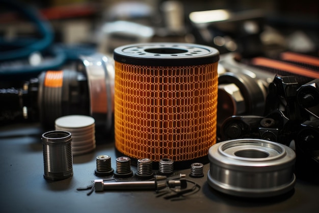 Detailed image of a fuel filter mesh surrounded by an array of automotive tools and parts