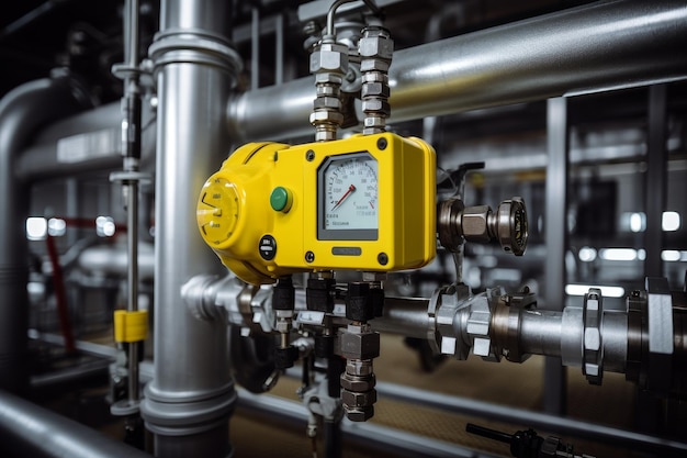 Photo detailed image of a gas leak detector sensor amidst the intricate machinery of an industrial plant