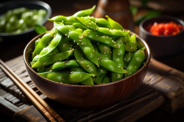 Photo a detailed image of a healthy serving of salted edamame beans in a rustic setting