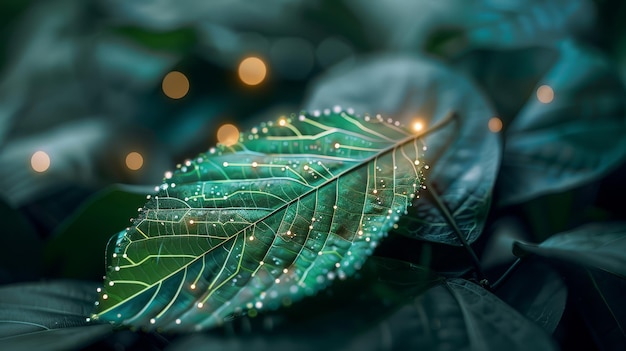 A detailed image of a leaf with glowing digital vein patterns blending nature with technology symb