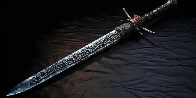 Detailed image of medieval sword on dark background emphasizing texture and design Concept Medieval Sword Dark Background Texture Design