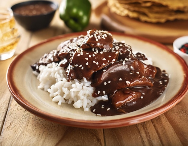 Detailed Image of Mole Poblano with Tender Chicken Rich Dark Mole Sauce White Rice and Sesame See