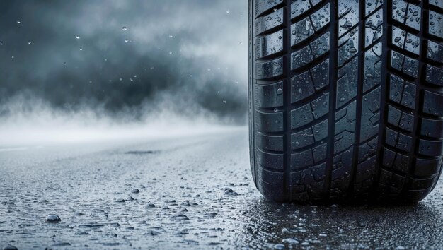 A detailed image showcasing a car tire on a wet rain soaked road