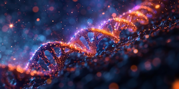 A detailed image showing a luminous dna strand with beautiful bokeh light effects