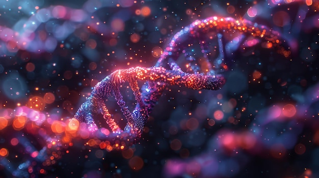 A detailed image showing a luminous DNA strand with beautiful bokeh light effects