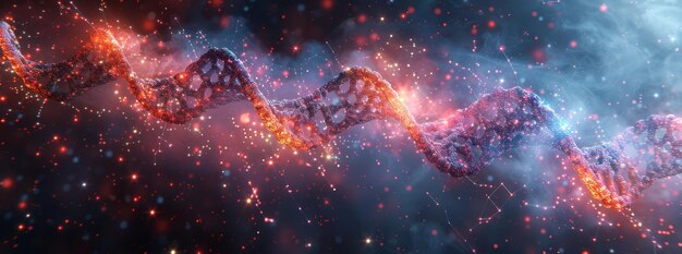 A detailed image showing a luminous dna strand with beautiful bokeh light effects