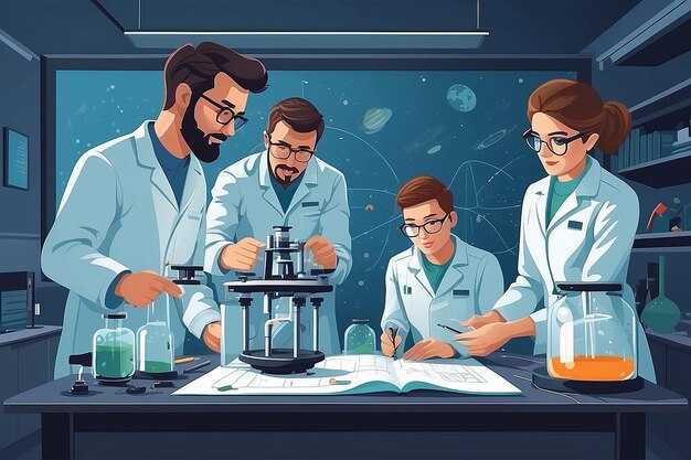 a detailed image of a teacher and students conducting experiments on the effects of microgravity vector illustration in flat style