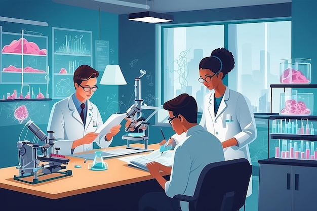 a detailed image of a teacher and students studying regenerative medicine and tissue engineering vector illustration in flat style