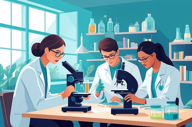 a detailed image of a teacher and students studying regenerative medicine and tissue engineering vector illustration in flat style