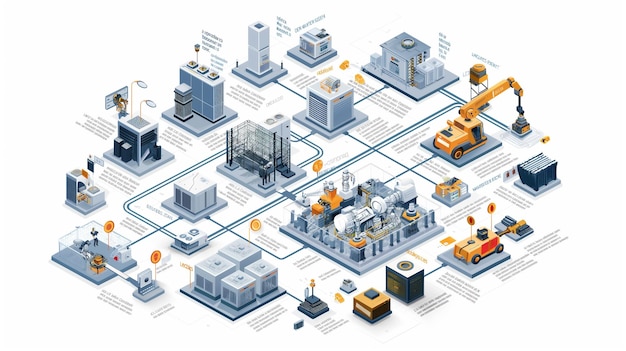 Photo a detailed infographic of a smart factory illustrating the interconnected processes and cuttingedge