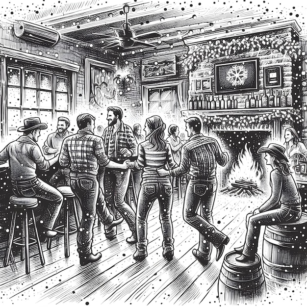 Photo detailed ink sketch style of an intimate country bar reveals a closeknit group of friends line danc